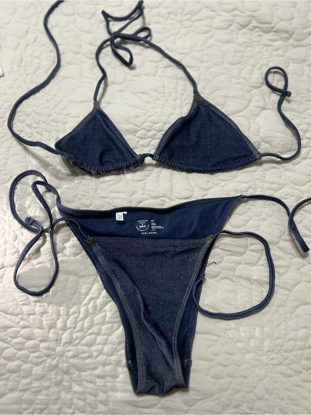 American Eagle Outfitters Dark denim Blue Triangle String Bikini Matching Set